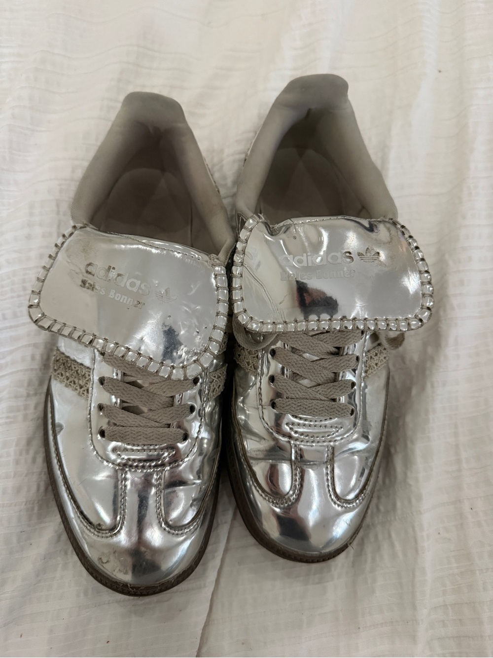 Wales Bonner Metallic Silver Patent Sneakers with Rhinestone Flap